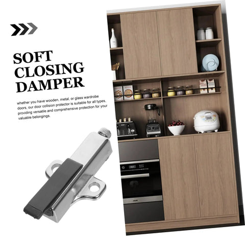 Premium Heavy Duty Soft Close Cabinet Damper For Kitchen Wardrobe Doors installed on a wooden cabinet with kitchen appliances.