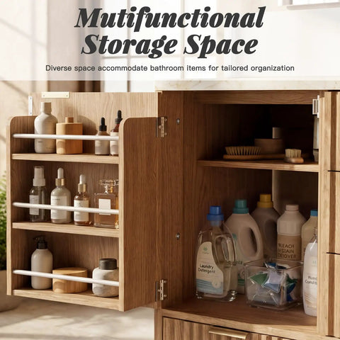 31-Inch Fluted Bathroom Vanity Crafted From Solid Natural Oak Featuring A Heavy-Duty One-Piece Ceramic Bowl Scratch-Proof Topcoat Straight-Up Durable Built Like A Tank For The Daily Grind Easy Breezy Install Long Haul Performance
