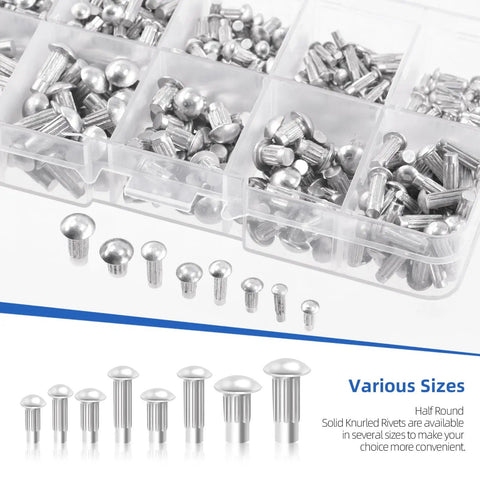 Rivet Set 400Pcs With Storage Box Aluminum Solid Rivets Knurled Shanks In 8 Sizes M2 M2.5 M3 M4 Semi Round Head Glarks