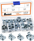 Heavy Duty 40 Piece Carbon Steel Cage Nut Assortment Kit With Snap In Square Rack Mount Clips For Server Cabinets And Electronic Shelves Includes 10 Each Of 1/4 20 5/16 18 10 32 And 12 24 Threads displayed in clear plastic case.