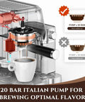 Kickass Automatic Espresso Machine With Upgraded Milk Frother And Twenty Bar Pressure, showing 20 bar Italian pump brewing coffee.
