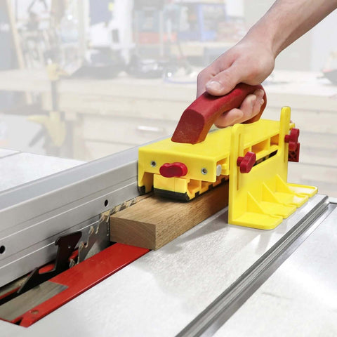 Milescraft 3406 GrabberPRO push block for table saws and routers; yellow plastic with red knobs.