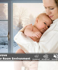 Woman holding baby near window showcasing use of 118 Inch Window Weather Stripping And Door Seal Strip Self Adhesive PU Foam Insulation.