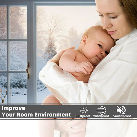 Woman holding baby near window showcasing use of 118 Inch Window Weather Stripping And Door Seal Strip Self Adhesive PU Foam Insulation.
