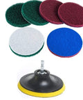 Drill Powered Tile Scrubber Kit With 4 Inch Disc Pad Holder And Six Scrub Pads, Two Stiffness Levels displayed separately.