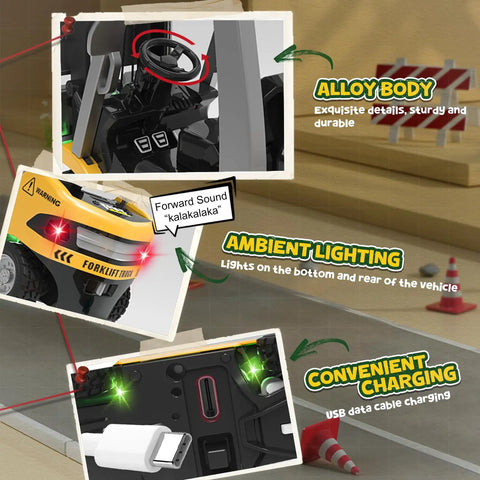 Mini RC Forklift 1 to 64 Scale Alloy Toy With App Programmable Path And Bluetooth Remote Control Liftable Forks Type C Rechargeable LED Lights And Realistic Sound features, highlighting alloy body, ambient lighting, and USB charging.