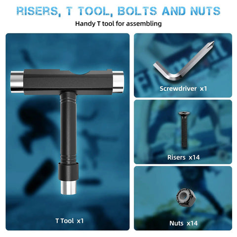 Entry Level Skateboard Parts Starter Kit With 2 Trucks 60mm High Rebound Wheels ABEC 9 Bearings T Tool Riser Pads And Hardware For Beginners Blue Ideal Gift For New Riders And Proving Yourself On The Board Every Day T-tool and accessories