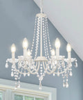 Six Light White Crystal Candle Chandelier For Dining Room And Living Spaces Modern Farmhouse Glam Fixture With Clear Pendant Ornaments