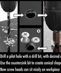 Six Piece M35 Cobalt Countersink Drill Bit Set For Metal And Wood With Case 82 Degree Quick Change Hex Shank HSS Five Flute Center Punch Tool Set In Sizes 1/4 5/16 3/8 1/2 5/8 3/4 shown in use with drill, creating pilot and conical holes for screws.