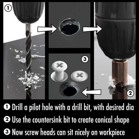 Six Piece M35 Cobalt Countersink Drill Bit Set For Metal And Wood With Case 82 Degree Quick Change Hex Shank HSS Five Flute Center Punch Tool Set In Sizes 1/4 5/16 3/8 1/2 5/8 3/4 shown in use with drill, creating pilot and conical holes for screws.