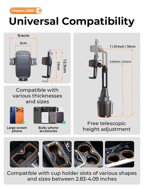 Upgraded Cup Holder Phone Mount With 360 Degree Swivel And Long Neck, adjustable for large smartphones and cup sizes