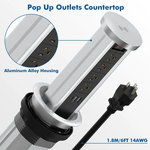 Pop Up Countertop Power Outlet With USB C And Four AC Sockets Slick Recessed Receptacle Pull Up Socket 10W Wireless Charger Easy Install