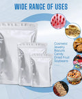 Three sizes of resealable zip lock bags from 100 Pack Food Storage Bags Kit With 100x 300cc Oxygen Absorbers shown with contents