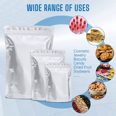Three sizes of resealable zip lock bags from 100 Pack Food Storage Bags Kit With 100x 300cc Oxygen Absorbers shown with contents