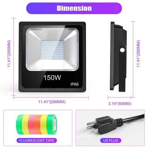 Dimensions and side view of 150W LED UV Blacklight Flood Light With 10 Ft Cord For Halloween Parties DJ Nights Club Vibes Neon Poster