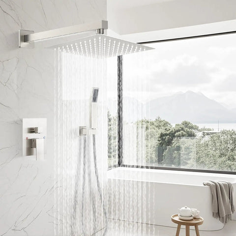 All In One 10 Inch Rainfall Shower Head With Handheld Kit, Wall Mounted Shower System, brushed nickel, modern bathroom view.