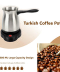 Stainless Steel 600ml 110V Turkish Coffee Pot Go-To All-In-One Kettle with foldable anti-scald handle and smooth pot surface.