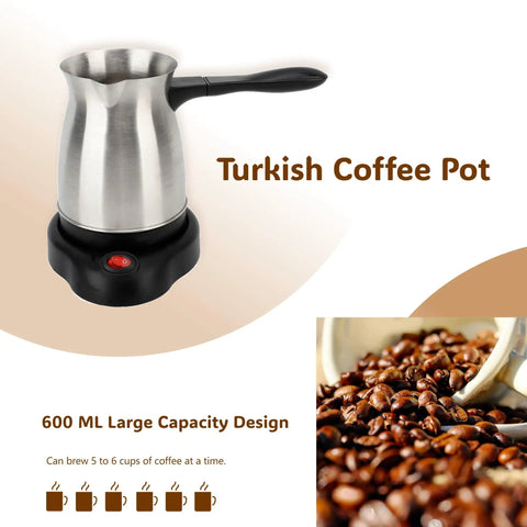 Stainless Steel 600ml 110V Turkish Coffee Pot Go-To All-In-One Kettle with foldable anti-scald handle and smooth pot surface.