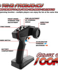 2.4GHz remote control for All Terrain 1:18 RC Truck With 40 KPH High Speed 4WD Off Road Electric Vehicle, showing controls