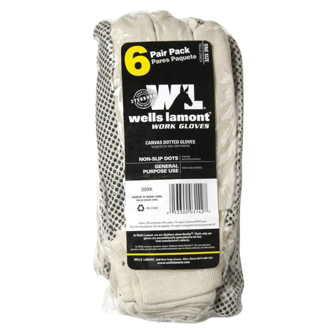 Canvas Work Gloves 6 Pair Pack With Dotted Grip For Tough Handling, Economy Utility Glove Set Elastic Wrist Seamless Palm Clute Cut Straight Thumb All Day Comfort
