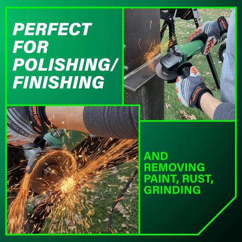 Five Inch Angle Grinder With High Torque And Brushless 12 Amp AC Motor, sparks flying during metal grinding operation