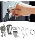Set Of Four Premium Zinc Alloy Cam Locks 16 To 30 Mm showing installation on cabinet with keys and lock components.