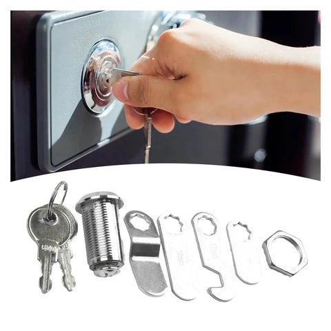 Set Of Four Premium Zinc Alloy Cam Locks 16 To 30 Mm showing installation on cabinet with keys and lock components.