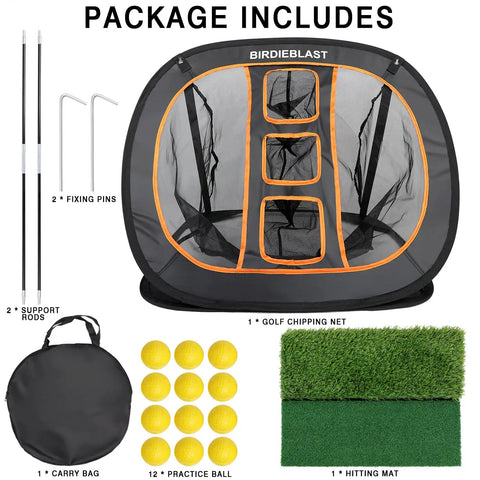 Package components of Pro Grade Golf Chipping Net With Dual Turf Hitting Mat For Indoor And Outdoor Target Training Includes 12 Foam Practice Balls And 2 Pins Perfect For Short Game Distance Control And Real Grass Feel.
