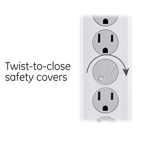 Must-Have Six-Outlet Surge Protector Power Strip 2 Pack With 20 Ft Extension Cord 800 Joules showing twist-to-close safety covers