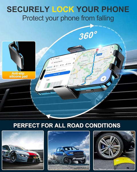 Wireless Car Charger Mount With Auto Clamping And 15W Fast Charging For IPhone and Galaxy in car vent with map app displayed