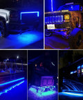 Collage of vehicles with Blue Storefront LED Light Strips 40 Ft 80 Piece 5054 SMD Modules illuminating at night.
