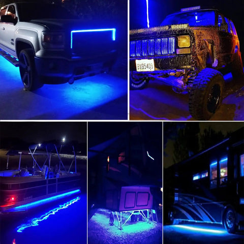 Collage of vehicles with Blue Storefront LED Light Strips 40 Ft 80 Piece 5054 SMD Modules illuminating at night.