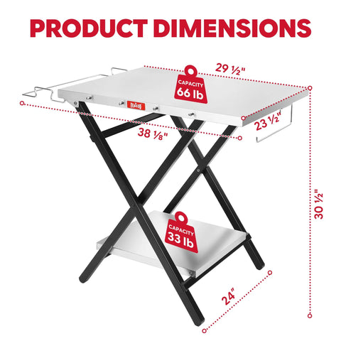Foldable Outdoor Grill Table And Prep Station With Pizza Oven Base And Griddle Stand, showing dimensions and weight capacity.