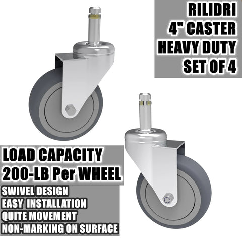 Swivel Stem Caster Set Four Inch Wheel With Seven Sixteenth Inch Stem Diameter Heavy Duty 200 Lb Load Per Caster TPR Rubber