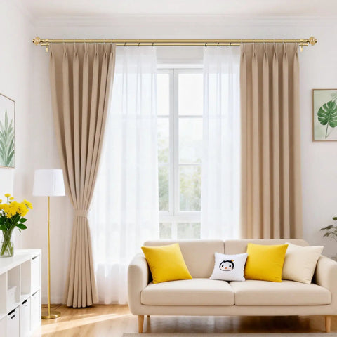 Living room with gold 1 inch double curtain rod set with telescoping 72 to 144 inch range, sparkling foil finials, beige blackout and sheer curtains