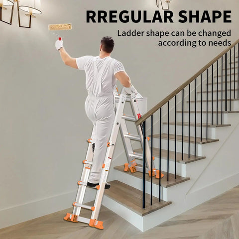 14Ft Multi Position Ladder With 4 Steps A Frame Folding Design Anti Slip Workhorse Aluminum Telescopic Ladder With Removable Tool Tray 330 Lb Load Capacity Ideal For Indoor Outdoor Stairs Roof Garage, used on stairs