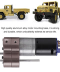 Beefy Metal Gearbox With 370 Motor For 1/16 Scale RC Military Truck shown with durable alloy gears and high torque transmission.
