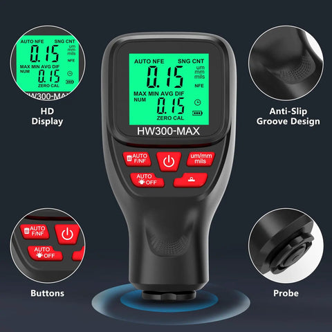 All Around Paint Thickness Gauge 0-2000um With LCD Readout Auto Substrate Detection 3 Probe Modes 3 Unit Switching Works On Steel Metal Plastic Glass PVC Battery Indicator Auto Shutoff Pro Grade front view with probe and buttons