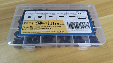 M8-1.25 Flange Bolt Kit 160-Piece With 8mm Bolts, shown in portable case with label and compartments