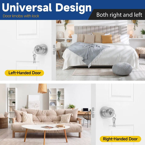 Keyed Entry Door Knob With Lock And Key For Exterior And Interior Doors Satin Nickel Finish shown on left and right-handed doors