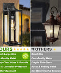 Hella Bright 16-Inch Outdoor Wall Lanterns, Rugged 2-Pack Exterior House Lights featuring thick clear glass, mounted beside wall.