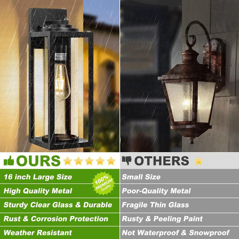 Hella Bright 16-Inch Outdoor Wall Lanterns, Rugged 2-Pack Exterior House Lights featuring thick clear glass, mounted beside wall.