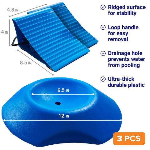 Two Trailer Wheel Chocks With Rope And Wheel Dock For Boat Trailers Travel Campers And RV Accessories. Set of 3 pieces.