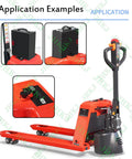High Capacity 48 Volt Lithium Battery For Electric Forklift And Pallet Jack With Portable Handle mounted on electric pallet jack.