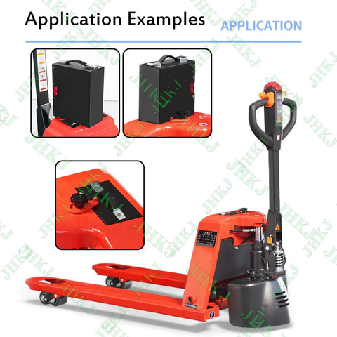 High Capacity 48 Volt Lithium Battery For Electric Forklift And Pallet Jack With Portable Handle mounted on electric pallet jack.