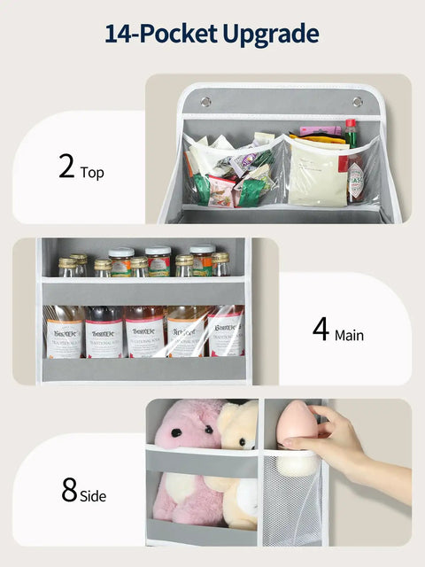 Five Tier Over The Door Organizer With Clear PVC Windows For Stuffed Animals And Everyday Storage Must Have For Bedroom Nursery Closet Dorm Laundry Pantry And Bathroom Grey, showing 14 pockets with various items.