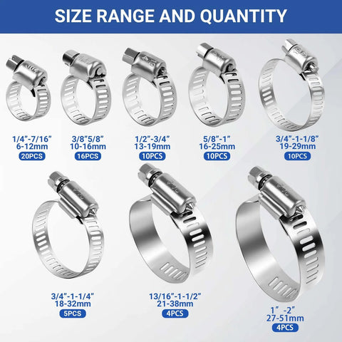 Amazon SMLCON 85Pcs stainless steel hose clamps set; adjustable 1/4''–2'' (6–51mm), worm gear, includes 2 sockets