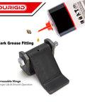 Heavy Duty Weld On Dump Trailer Hinge Set With Zerk Grease Fitting, greasable strap hinge in raw finish, shown with grease application