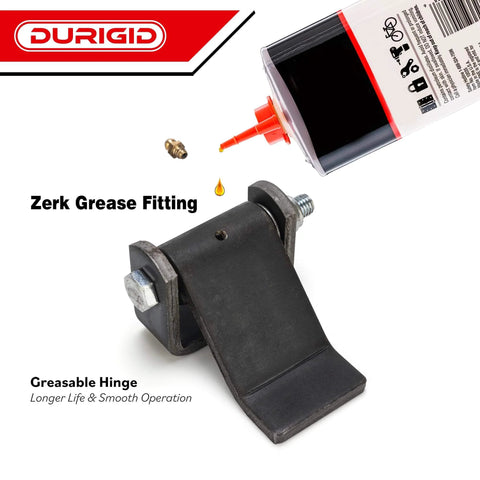 Heavy Duty Weld On Dump Trailer Hinge Set With Zerk Grease Fitting, greasable strap hinge in raw finish, shown with grease application