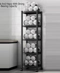 Five Tier Carbon Steel Storage Rack With Smooth Rolling Wheels Heavy Duty Metal Shelving Unit Extra Thick Frame Roomy Organizer For Home Office Pantry Entryway Black displaying silver weights on shelves.